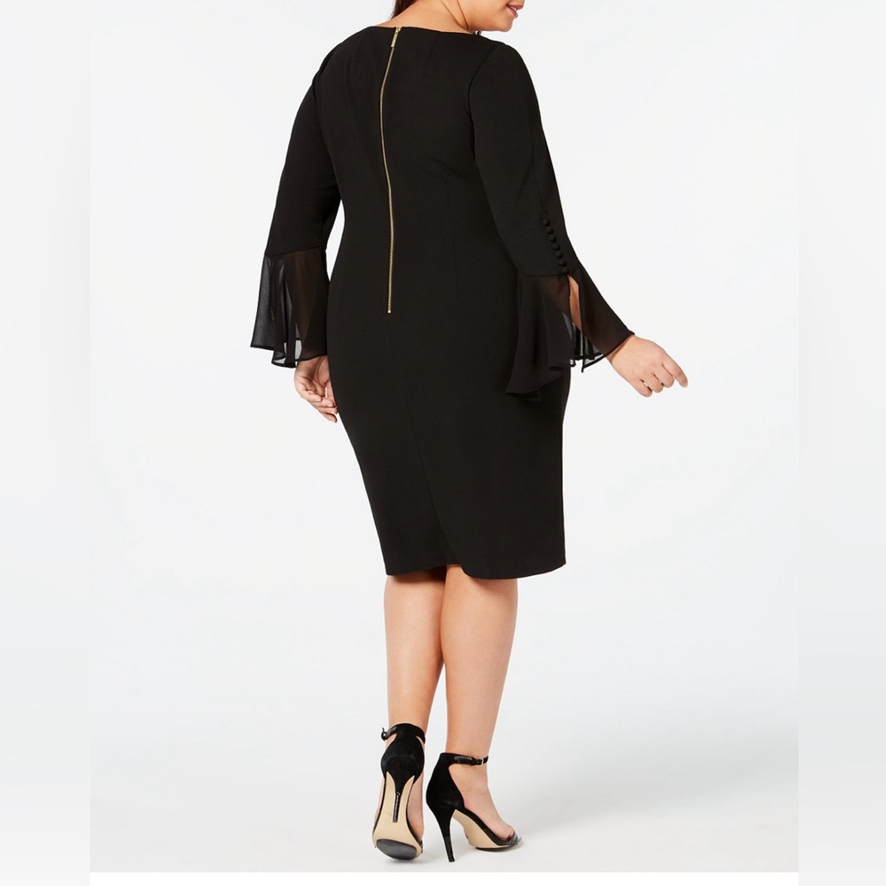 Calvin Klein Women’s Black midi Dress Bell Sleeve Sz 18W Gold Zipper Sheath - Picture 2 of 10